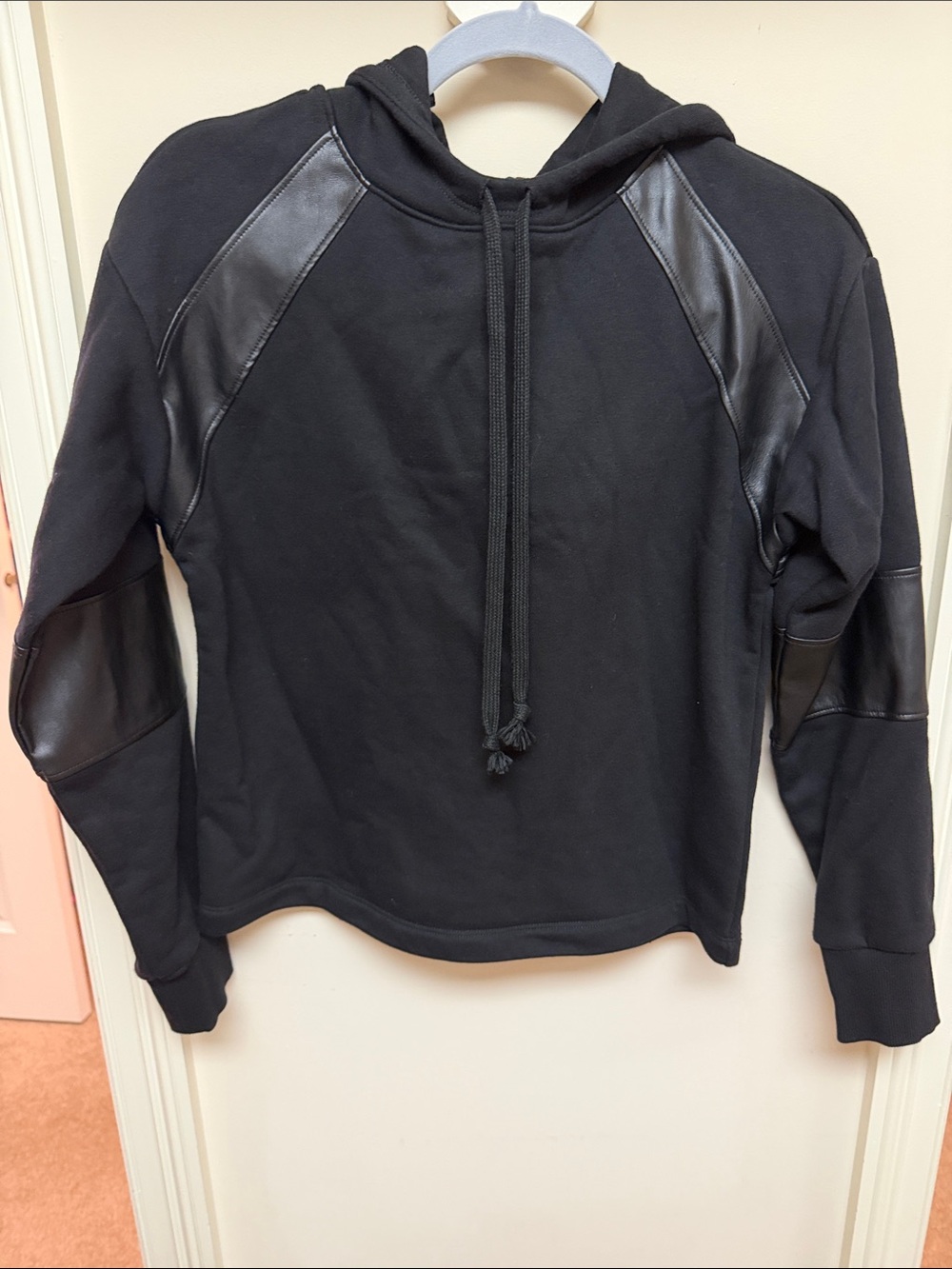 Evereve Black Hoodie with Faux-Leather Shoulder Panels